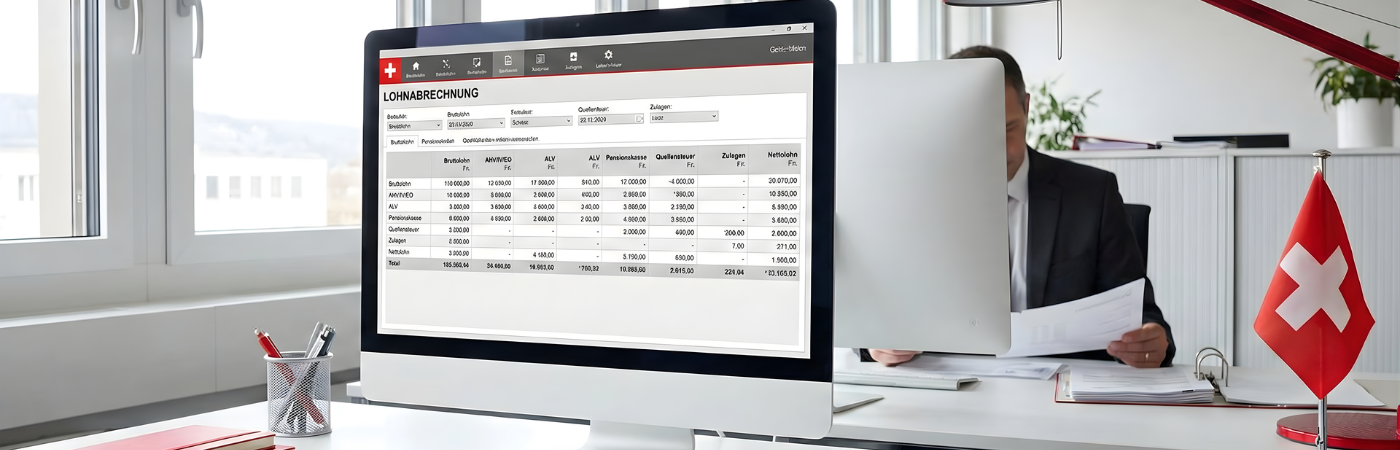 Computerbildschirm mit digitaler Lohnabrechnung in der Schweiz, während ein Mitarbeiter im Büro Dokumente prüft – symbolisches Bild für die korrekte Erstellung einer Lohnabrechnung für KMU, inklusive Sozialversicherungsabzügen und Arbeitgeberpflichten, unterstützt durch die Rothstein AG Treuhand aus Oftringen.