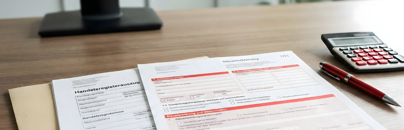 Unterlagen zur Steuererklärung und ein Handelsregisterauszug liegen auf einem Schreibtisch neben Taschenrechner und Stift – symbolisches Bild für selbstständig werden in der Schweiz, inklusive administrativer Schritte wie Anmeldung, Steuern und Buchhaltung mit Unterstützung der Rothstein AG Treuhand aus Oftringen.