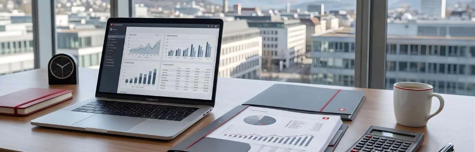 Finanzbuchhaltung Schweiz: Laptop mit Auswertungen, Unterlagen und Taschenrechner zur Buchhaltung von KMU in der Schweiz